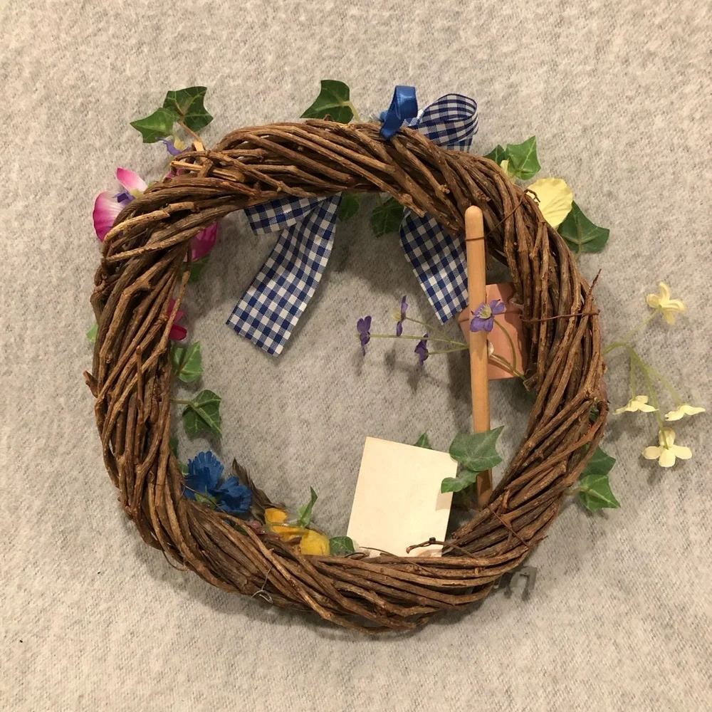 NWOT - Colorful Floral Garden Wreath with Gingham Bow